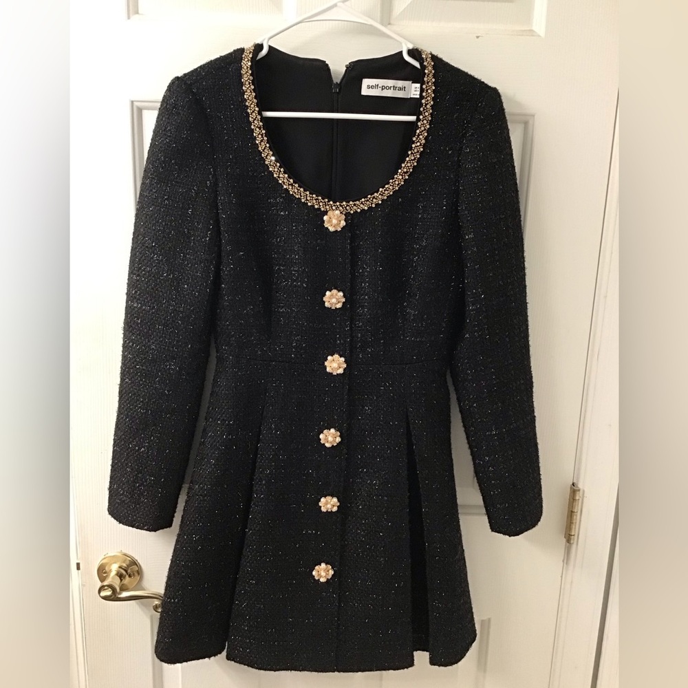 SELF PORTRAIT SZ 4 BLACK BOUCLE MINI DRESS PLEATS GORGEOUS RHINESTONES PEARLS